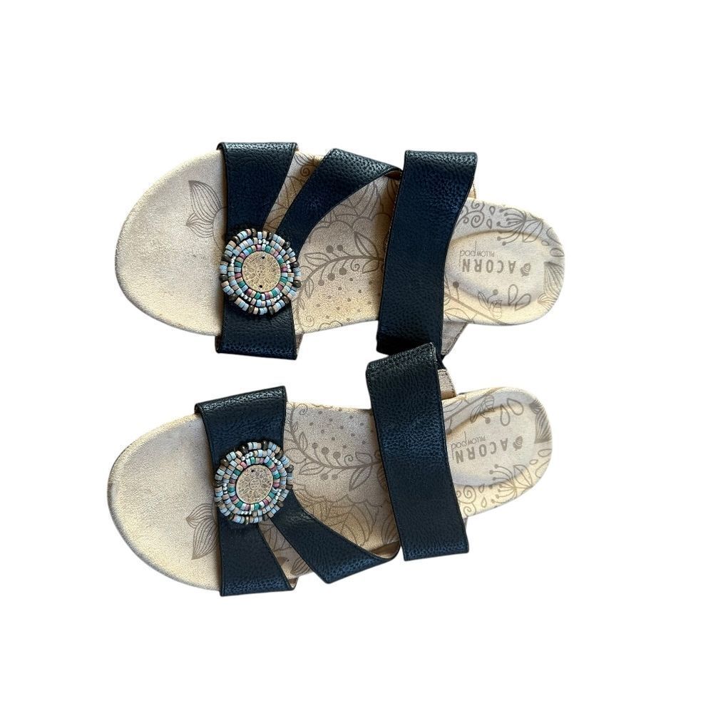Acorn Pillow Pod Sandals Size 7 Black Beaded Open Toe Flat Shoes Strappy - Picture 5 of 8